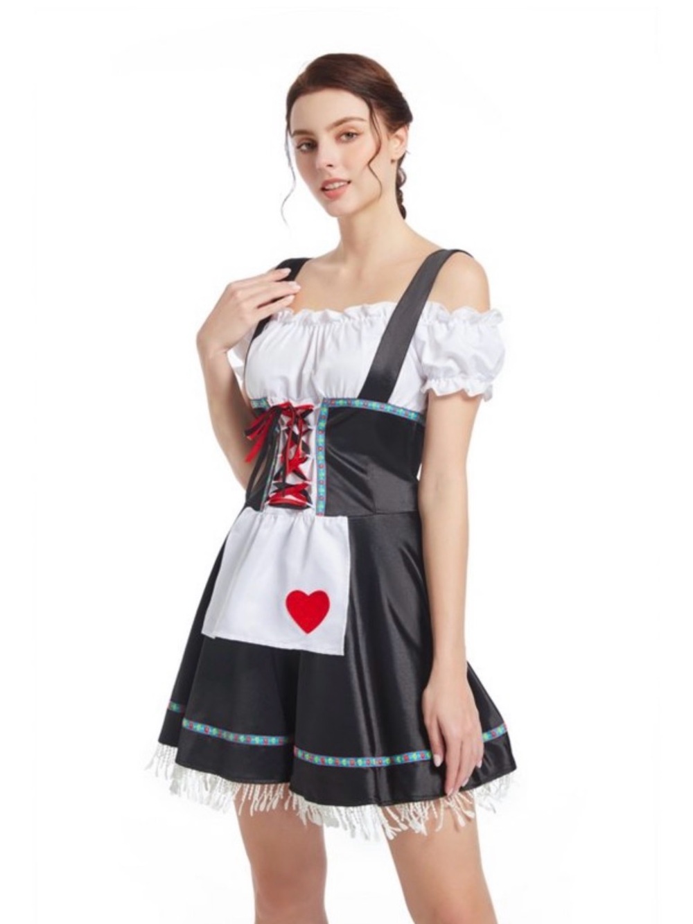 NWT Oktoberfest Black Dirndl Dress White Apron Heart German Beer Maiden Costume